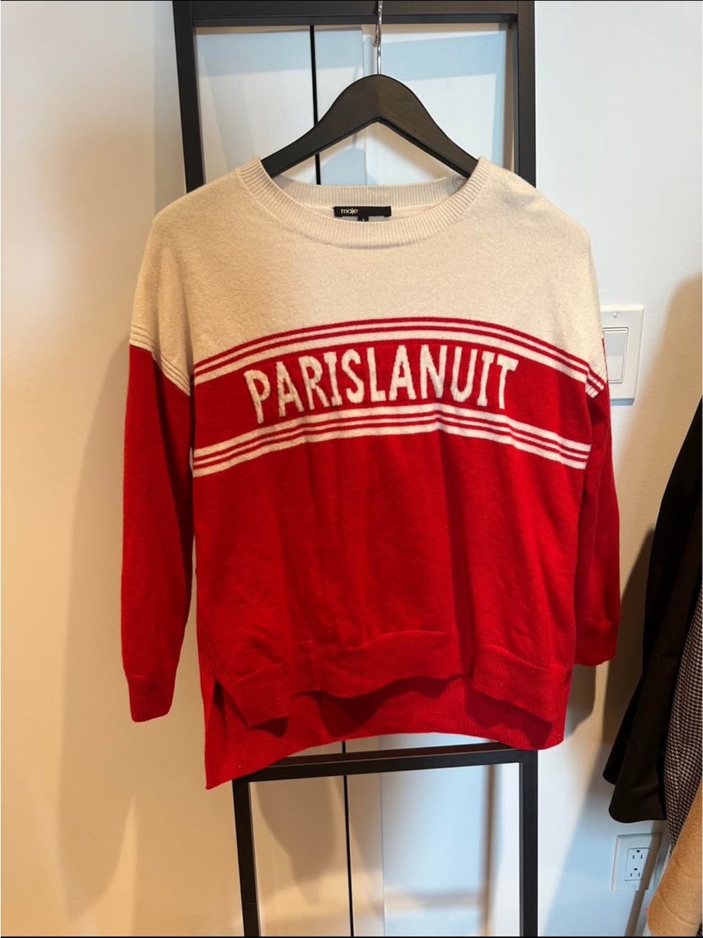 Maje Red and Cream 'PARISLANUIT' Crewneck Sweater